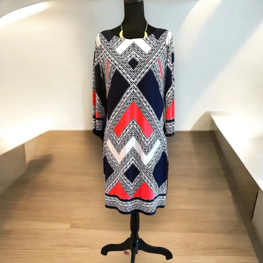 Vince Camuto Women Navy Coral Geometric Chevron Shift‎ Dress Size 12